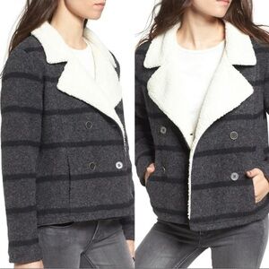 Amuse Society Women’s‎ Grey Striped Wool Sherpa Lined Button Front Jacket Large